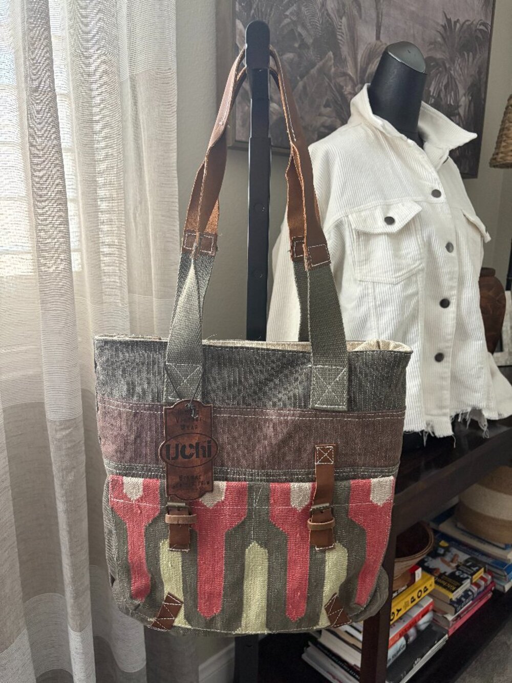 UCHI upcycled shoulder bag with Dhurry Canvas & Genuine Leather Trim
